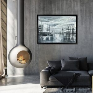 obrazy szara abstrakcja, obrazy abstrakcje nostalgiczne miasto, szary obraz miasto abstrakcja w ramie