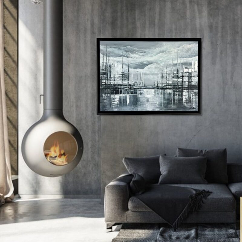 obrazy szara abstrakcja, obrazy abstrakcje nostalgiczne miasto, szary obraz miasto abstrakcja w ramie