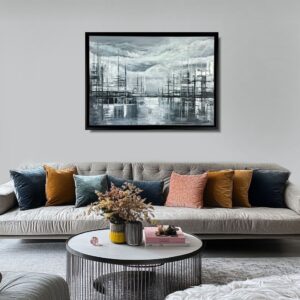 obrazy szara abstrakcja, obrazy abstrakcje nostalgiczne miasto, szary obraz miasto abstrakcja w ramie