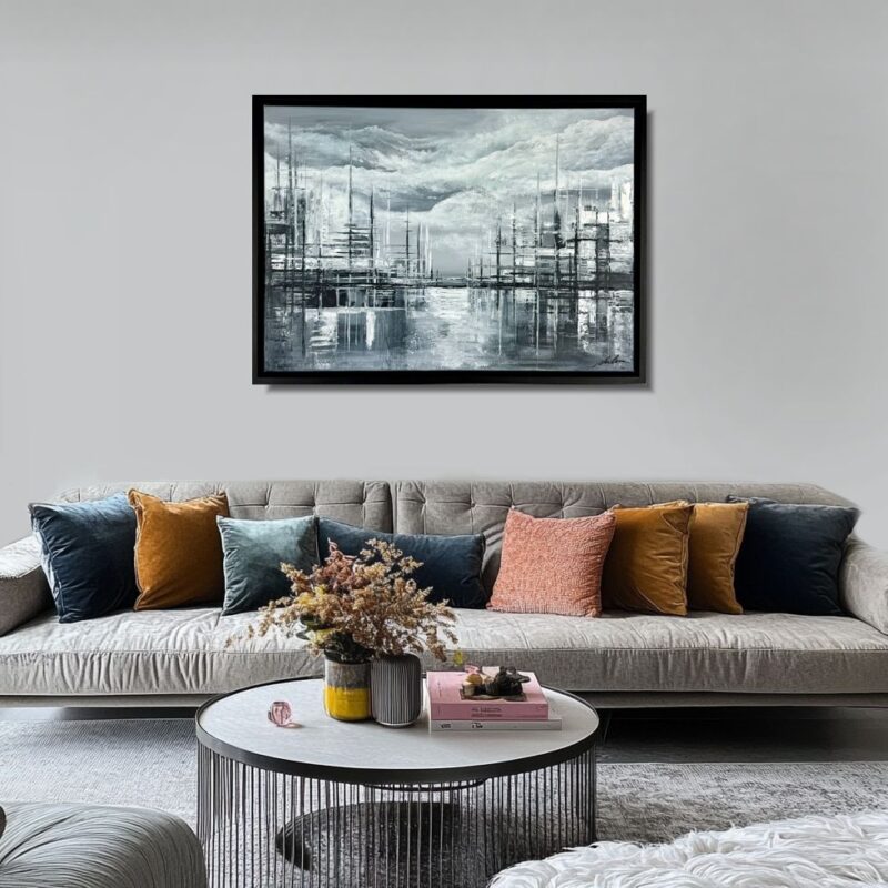 obrazy szara abstrakcja, obrazy abstrakcje nostalgiczne miasto, szary obraz miasto abstrakcja w ramie