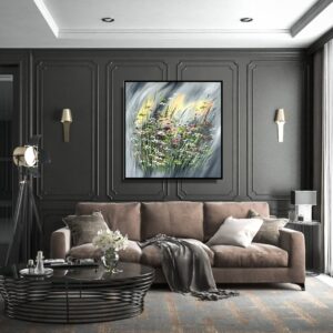 Obraz brązowo zielone kwiaty, szary obraz z kwiatami, obraz w ramie, obraz do salonu, obrazy w szarej ramie, obrazy w ramach, obrazy do kancelarii prawnej, obraz z brązowymi kwiatami, obraz polska łąka