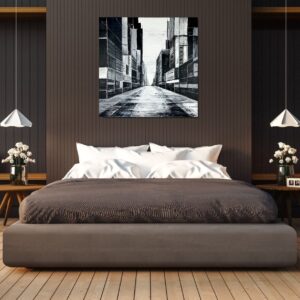 obraz czarny monochromatyczne miasto, czarne obrazy, obraz czarno biały, widok miasta i architektura, sztuka współczesna obrazy, obraz akrylowy, obrazy do przedpokoju