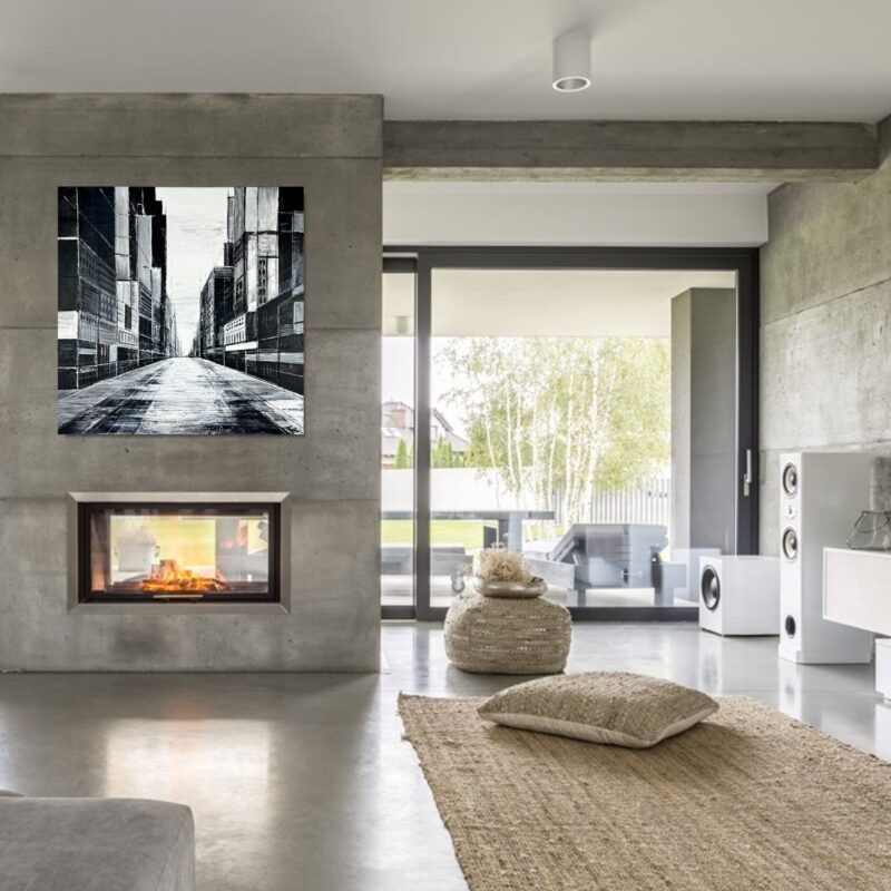 obraz czarny monochromatyczne miasto, czarne obrazy, obraz czarno biały, widok miasta i architektura, sztuka współczesna obrazy, obraz akrylowy, obrazy do przedpokoju