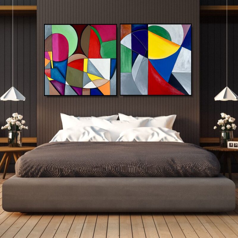 Dwie kolorowe abstrakcje, dwa obrazy abstrakcje, komplet abstrakcji kolorowych, obrazy na płótnie