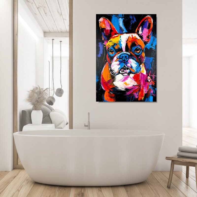 Obraz z psem, kolorowy obraz z psem, obraz buldog, zwierzęta na obrazach, obrazy ze zwierzętami, obrazy do salonu