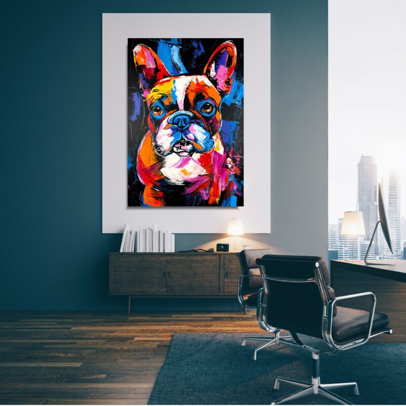 Obraz z psem, kolorowy obraz z psem, obraz buldog, zwierzęta na obrazach, obrazy ze zwierzętami, obrazy do salonu