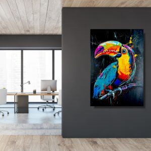 Obraz abstrakcja do salonu zwierzęta, obraz ze zwierzętami, obraz kolorowy tukan, obrazy do salonu, obrazy na płótnie