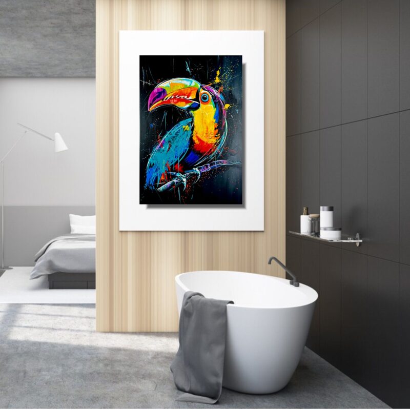 Obraz abstrakcja do salonu zwierzęta, obraz ze zwierzętami, obraz kolorowy tukan, obrazy do salonu, obrazy na płótnie