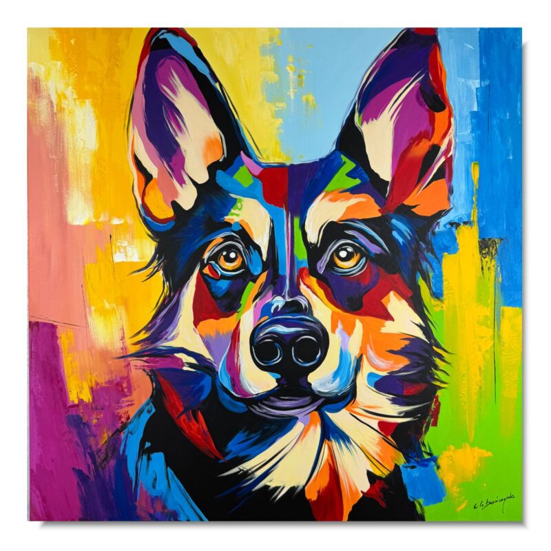 obraz z psem, kolorowy obraz z psem, obraz owczarka niemieckiego, owczarek na obrazie, obrazy na płótnie, obrazy ze zwierzętami