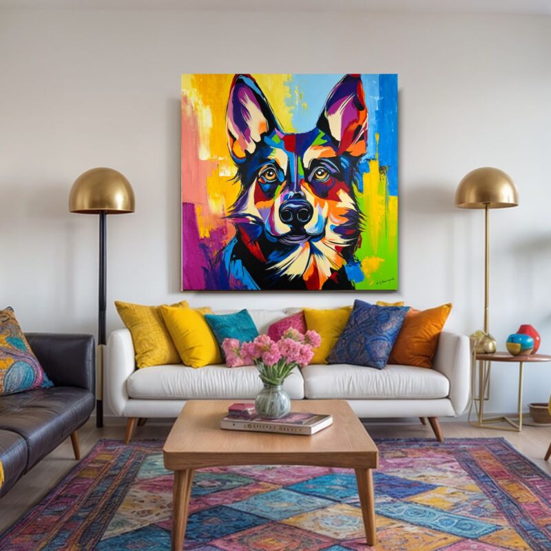 obraz z psem, kolorowy obraz z psem, obraz owczarka niemieckiego, owczarek na obrazie, obrazy na płótnie, obrazy ze zwierzętami