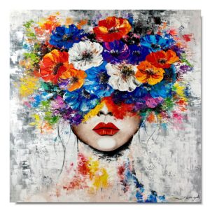 Obraz portret ręcznie malowany, kolorowy portret, obraz 100x100, obrazy do salonu, obrazy na płótnie