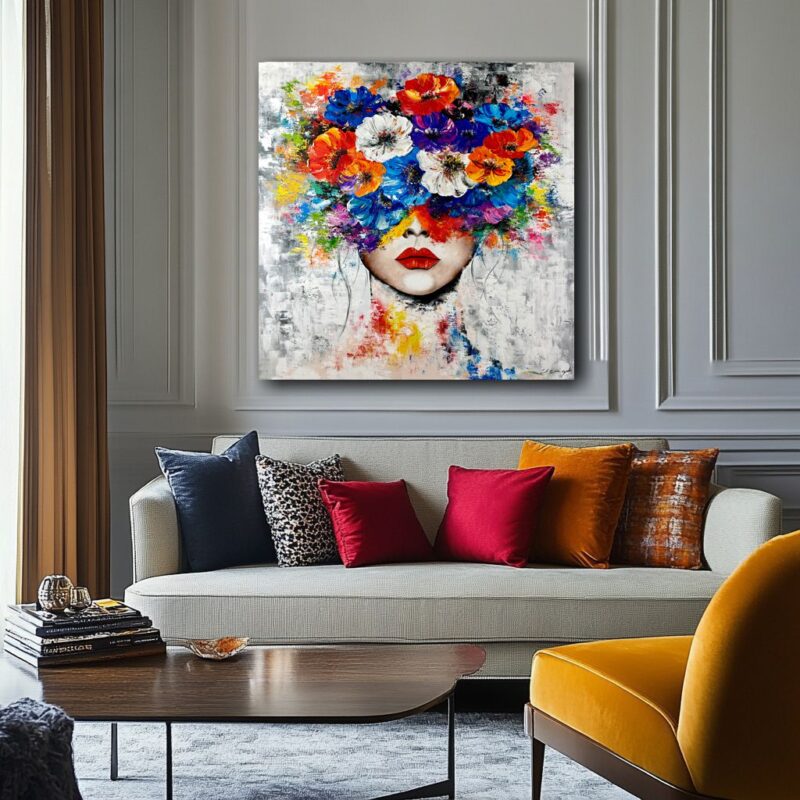 Obraz portret ręcznie malowany, kolorowy portret, obraz 100x100, obrazy do salonu, obrazy na płótnie