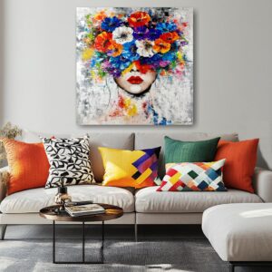 Obraz portret ręcznie malowany, kolorowy portret, obraz 100x100, obrazy do salonu, obrazy na płótnie