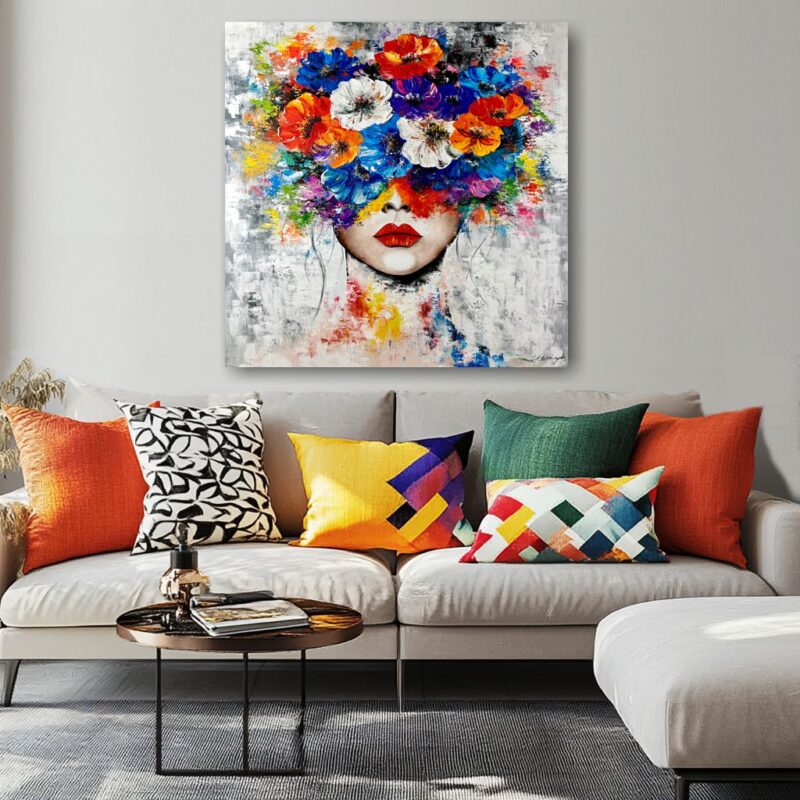 Obraz portret ręcznie malowany, kolorowy portret, obraz 100x100, obrazy do salonu, obrazy na płótnie