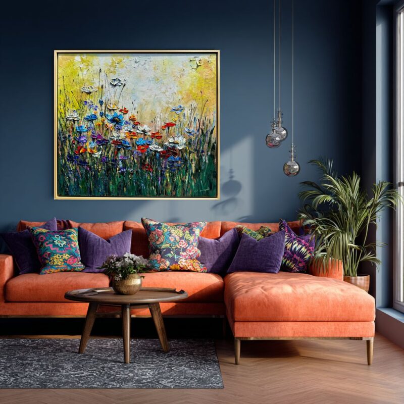 Obraz z kwiatami malowany na płótnie, obraz kwiatowa łąka, obraz z kwiatami, obraz 100x90, obraz z kwiatami w ramie, obrazy na płótnie z kwiatami