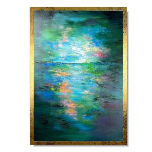 Nowoczesna abstrakcja obraz ręcznie malowany w odcieniach turkusu i zieleni w złotej ramie