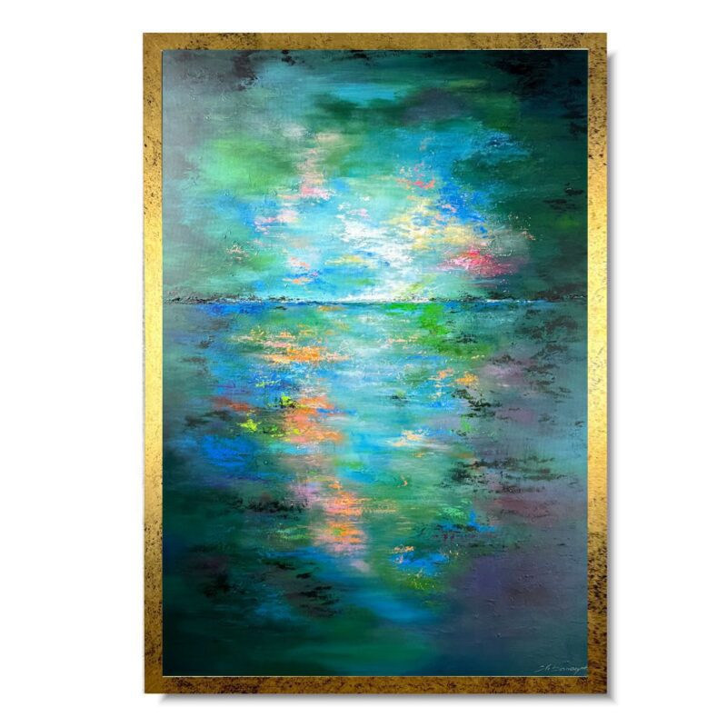 Nowoczesna abstrakcja obraz ręcznie malowany w odcieniach turkusu i zieleni w złotej ramie