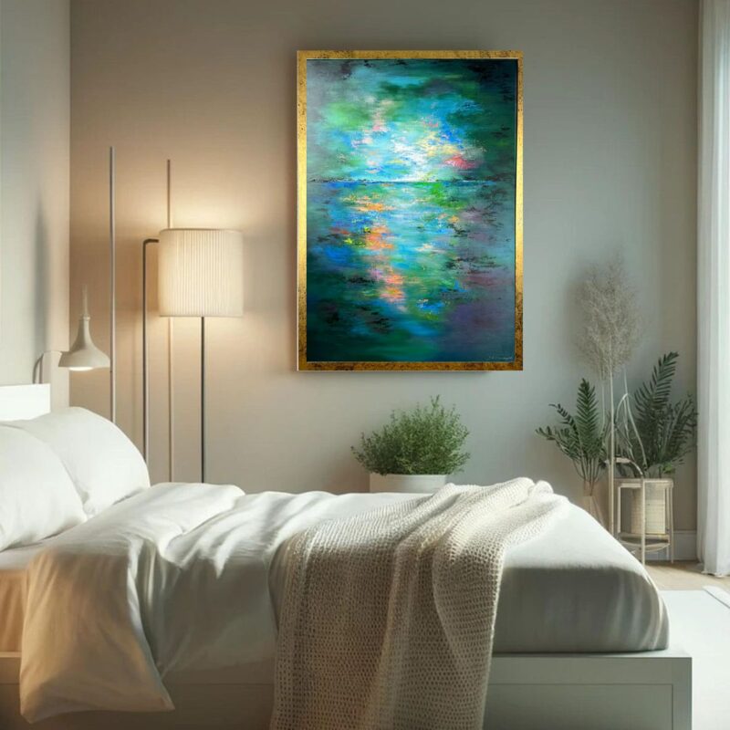 Nowoczesna abstrakcja obraz w odcieniach turkusu i zieleni do sypialni
