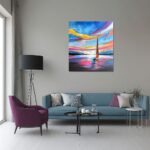 Kolorowy obraz przedstawiający żaglówkę płynącą po spokojnej wodzie o zachodzie słońca, z dynamicznym niebem w intensywnych odcieniach niebieskiego, różowego, żółtego i pomarańczowego.