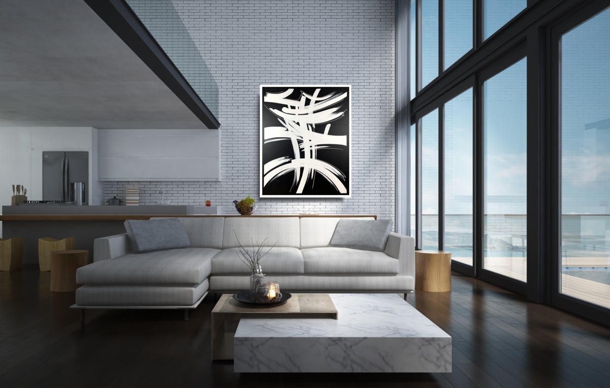 Czarno biała abstrakcja "Znak" duży obraz w ramie 2159A - obrazek 2