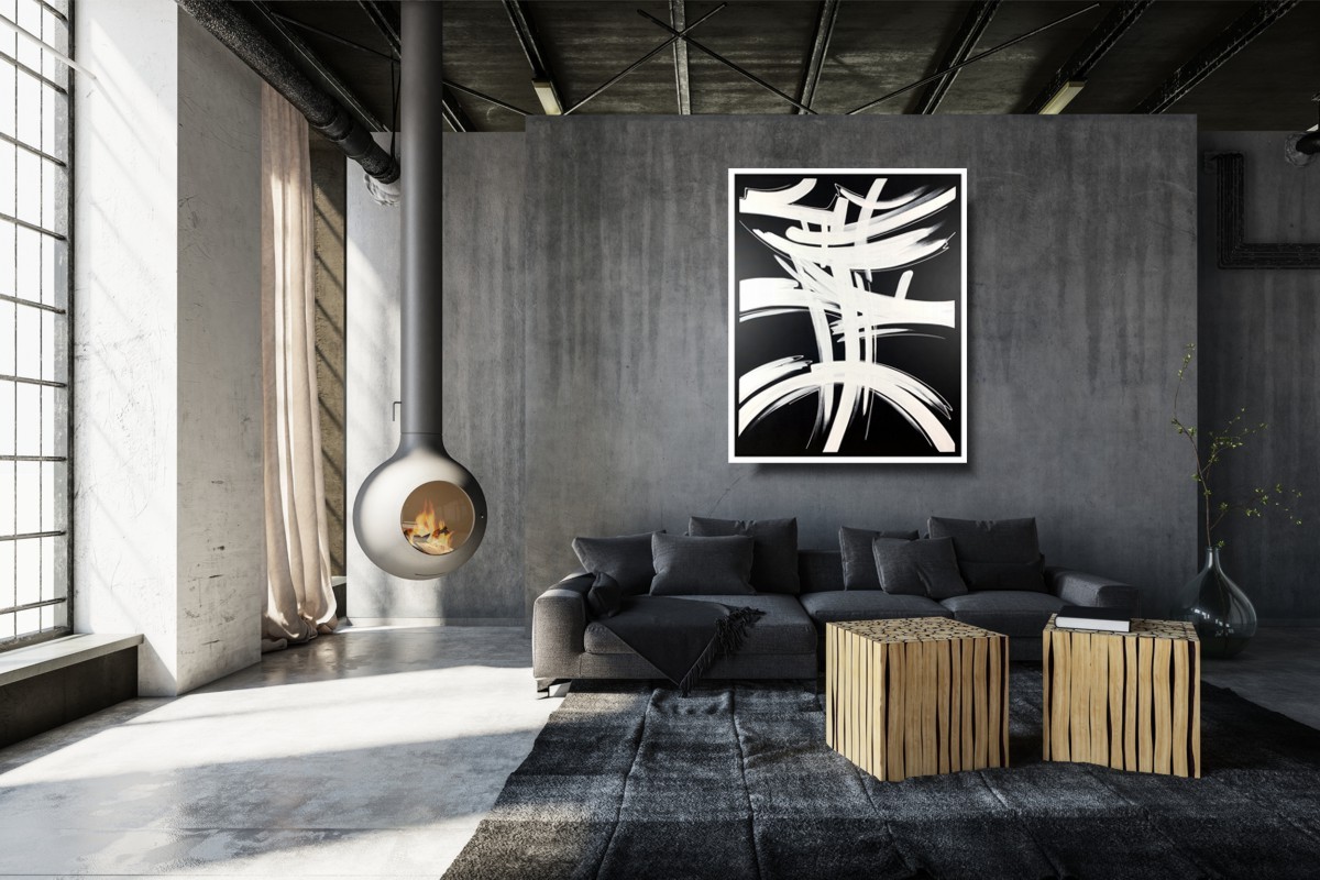 Czarno biała abstrakcja "Znak" duży obraz w ramie 2159A - obrazek 3