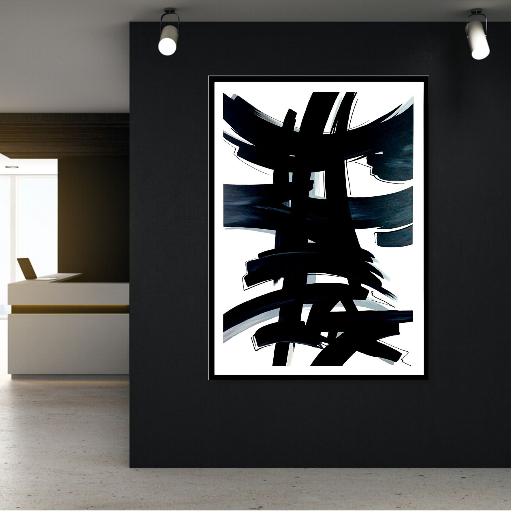 Czarno biały obraz w ramie abstrakcja "Japoński znak" 1983A - obrazek 2