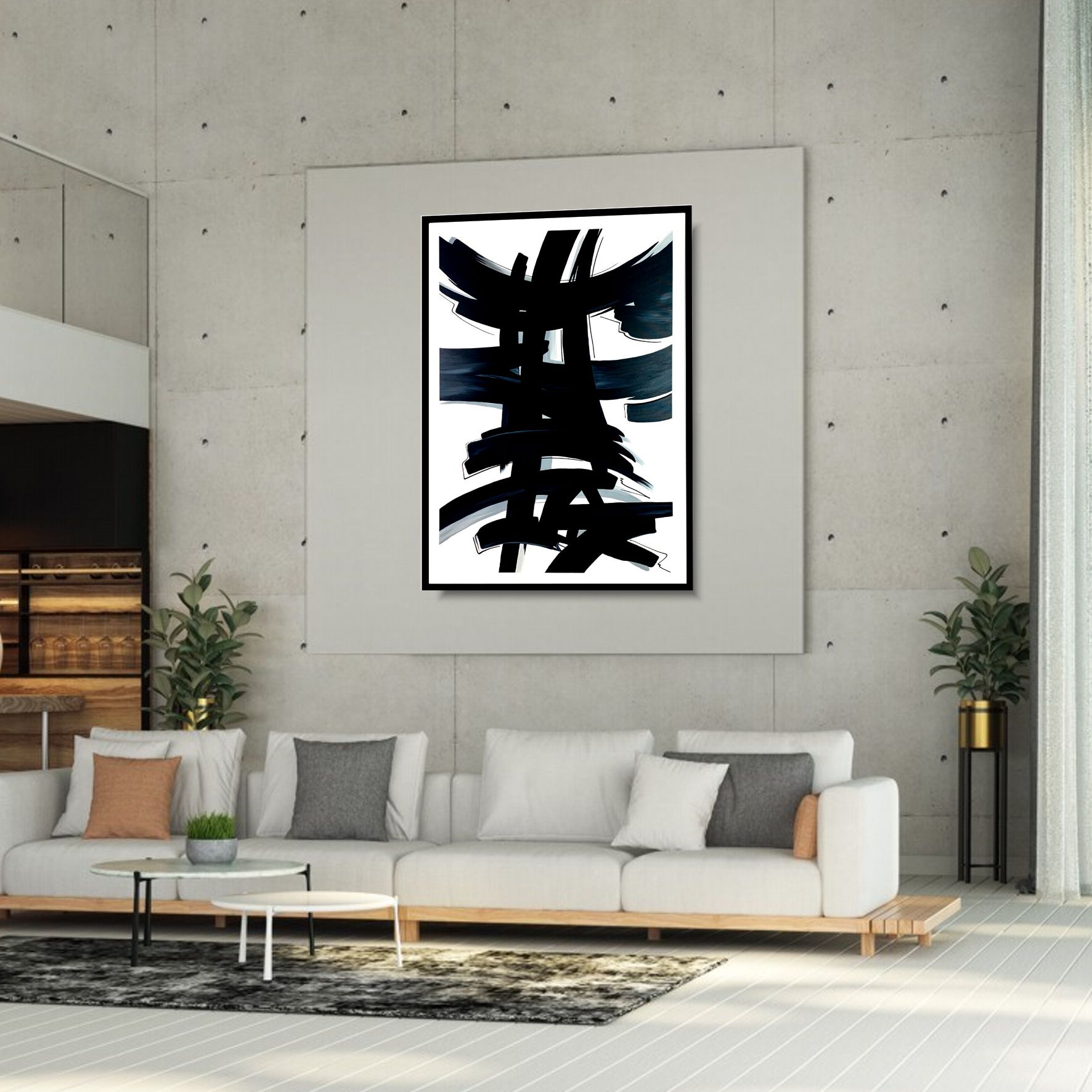 Czarno biały obraz w ramie abstrakcja "Japoński znak" 1983A - obrazek 3