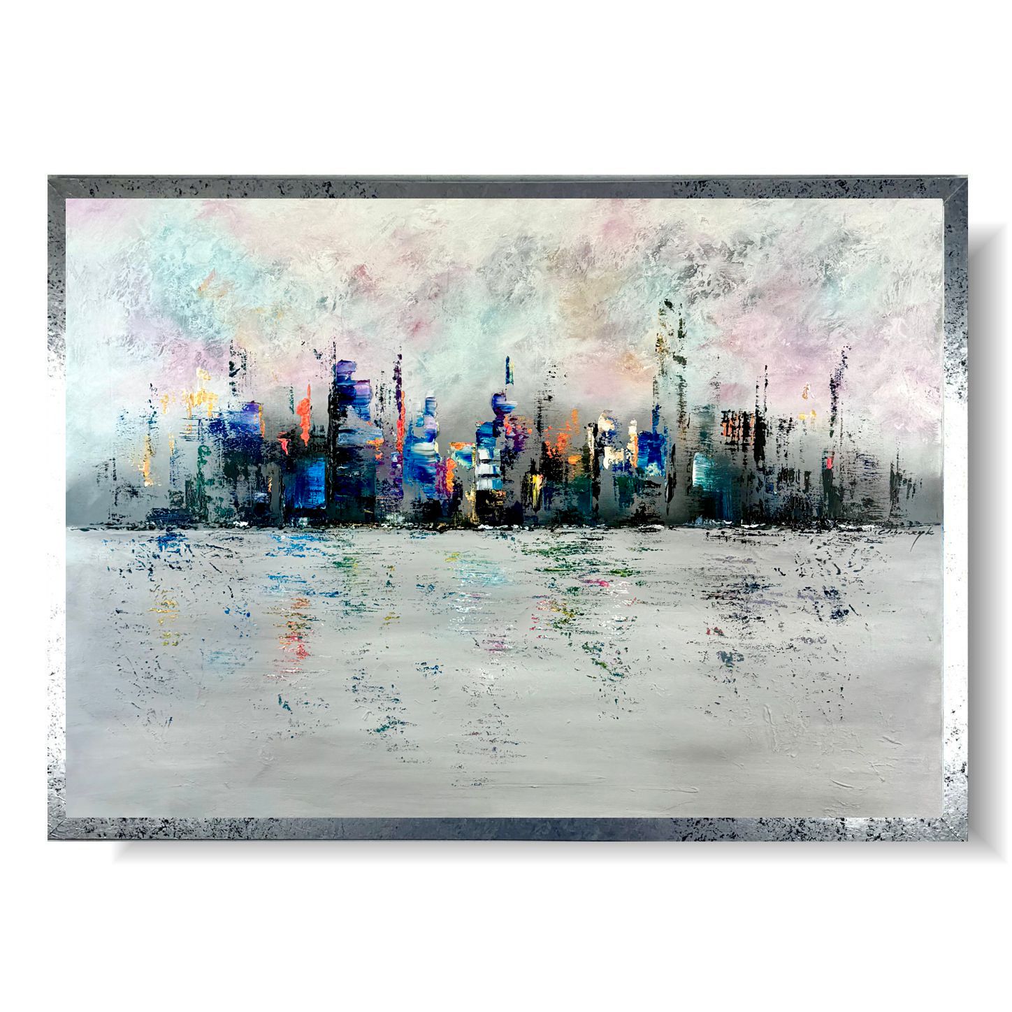 Obraz ręcznie malowany abstrakcja "Kolorowe miasto w oddali" 2177A