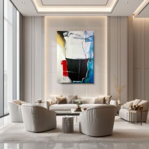 Nowoczesny obraz abstrakcyjny z czarną centralną formą, białym tłem oraz akcentami czerwieni, złota i niebieskiego, utrzymany w minimalistycznym stylu wizualiuzacja