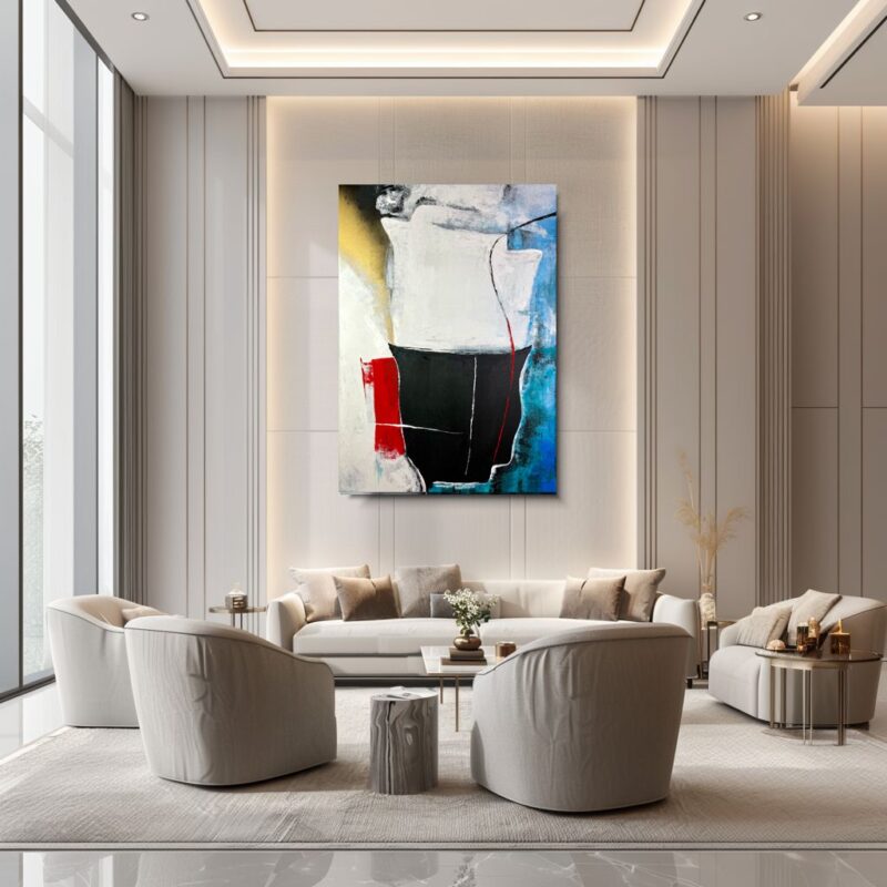 Nowoczesny obraz abstrakcyjny z czarną centralną formą, białym tłem oraz akcentami czerwieni, złota i niebieskiego, utrzymany w minimalistycznym stylu wizualiuzacja