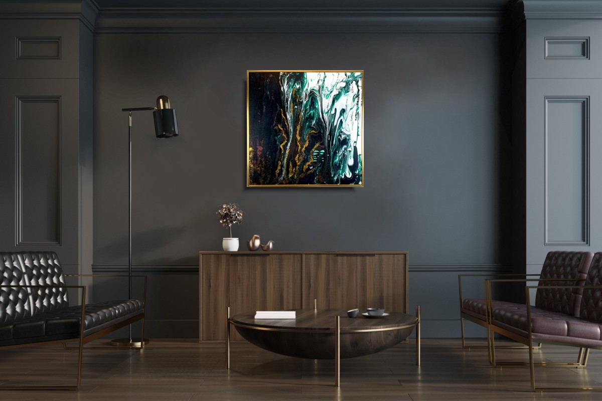 Obrazy do salonu zielony "Jedwab" abstrakcja w złotej ramie 2060A - obrazek 3