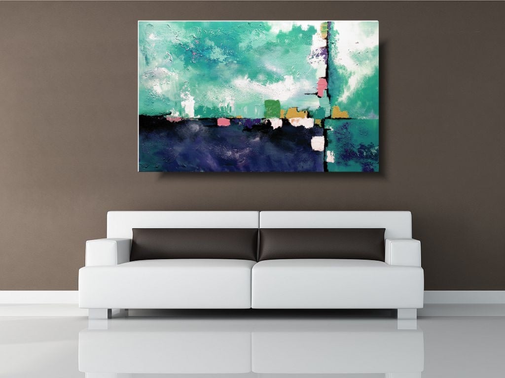 Abstrakcja duży turkusowy obraz błogość modne obrazy 1499B - obrazek 2