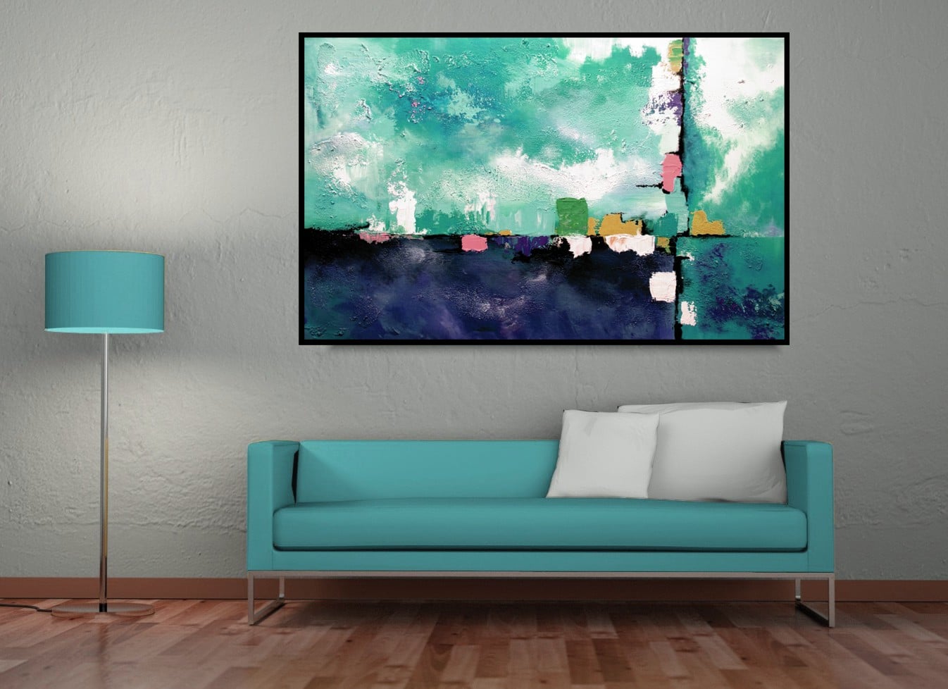 Abstrakcja duży turkusowy obraz błogość modne obrazy 1499B - obrazek 3