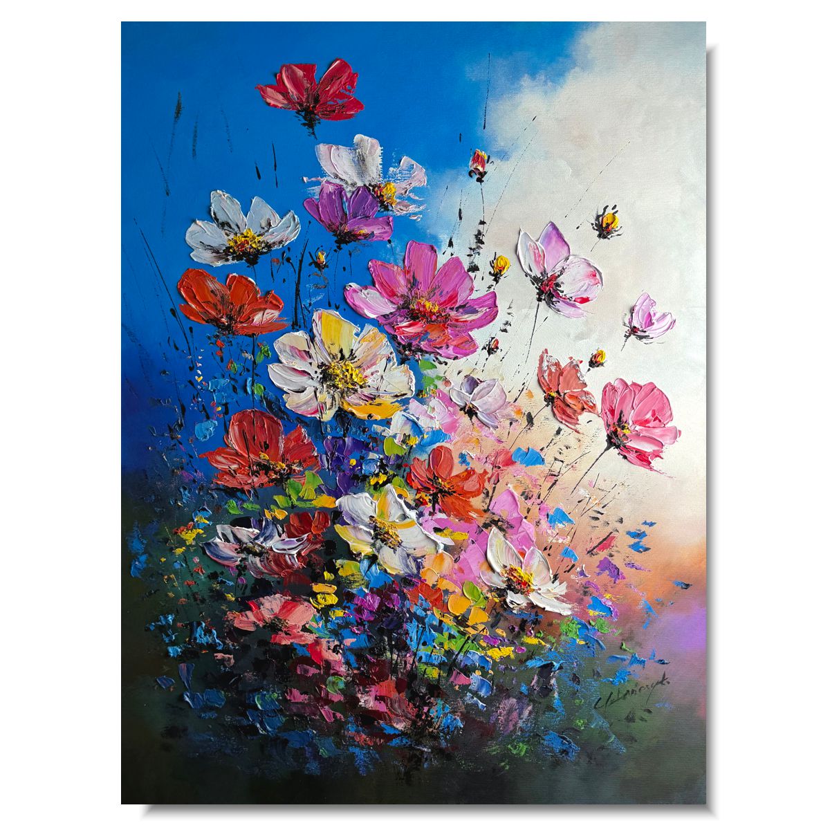Nowoczesny obraz kwiaty 60 x 80cm – kolorowa kompozycja z grubą fakturą 2366A