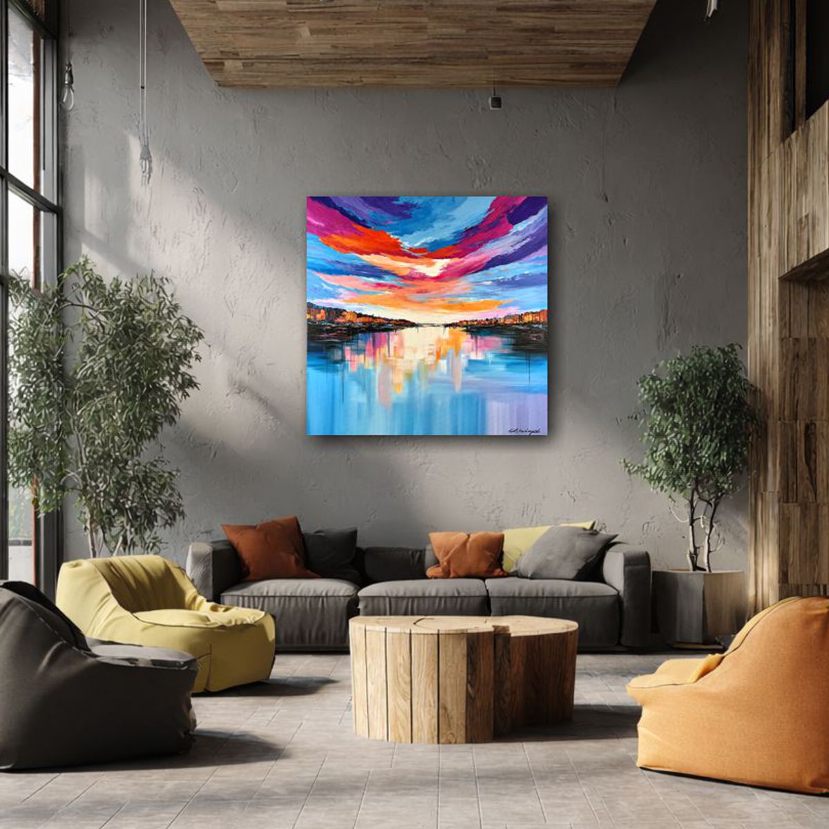 Nowoczesny obraz miasto 80 x 80cm – kolorowa panorama z grubą fakturą 2368A - obrazek 2