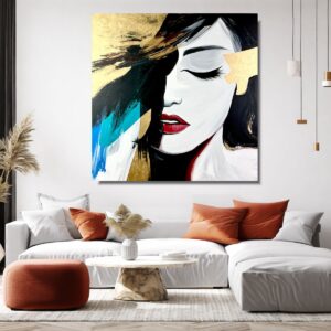 Nowoczesny portret kobiety jako obraz nad kanapę – wizualizacja we wnętrzu