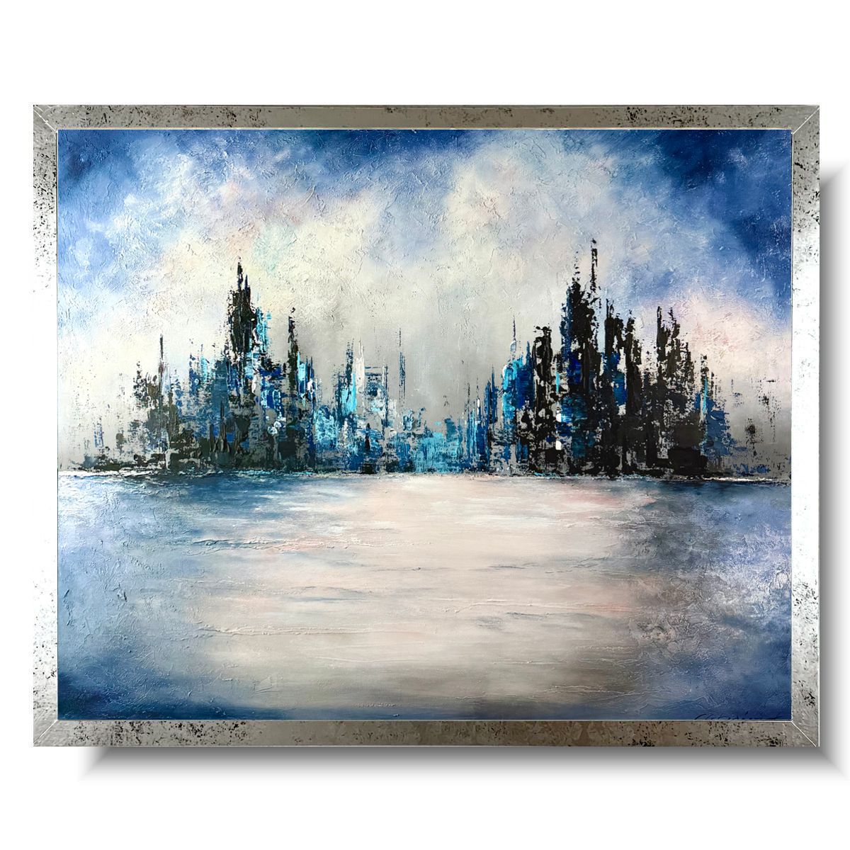 Obraz abstrakcyjny miasto w srebrnej ramie 100x80cm – nowoczesna panorama 2364A
