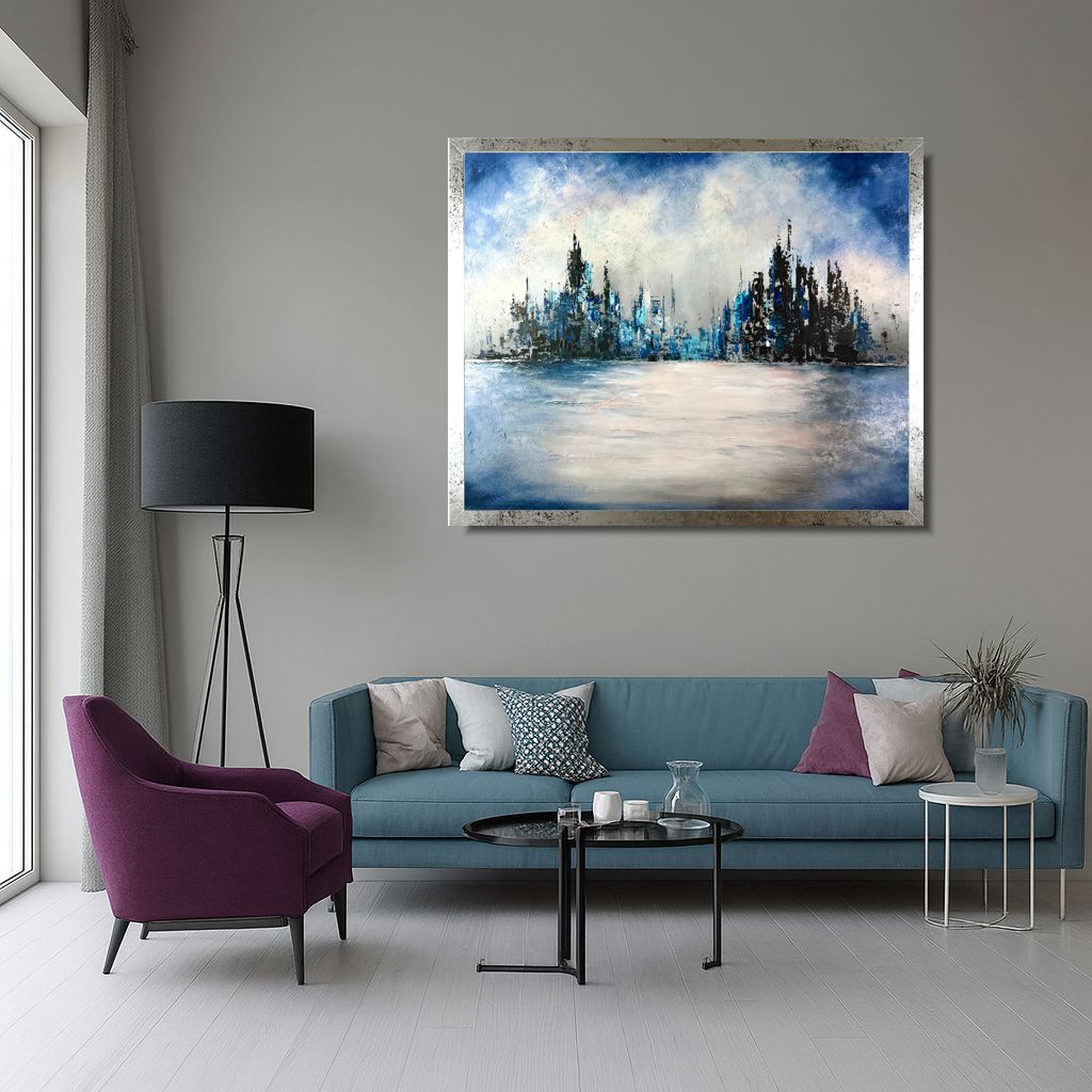 Obraz abstrakcyjny miasto w srebrnej ramie 100x80cm – nowoczesna panorama 2364A - obrazek 2