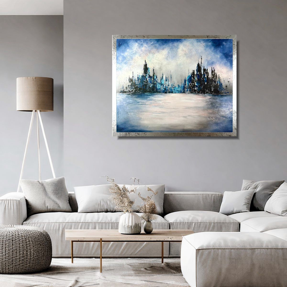 Obraz abstrakcyjny miasto w srebrnej ramie 100x80cm – nowoczesna panorama 2364A - obrazek 3