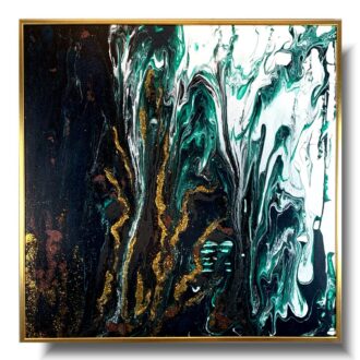 Obrazy do salonu zielony "Jedwab" abstrakcja w złotej ramie 2060A