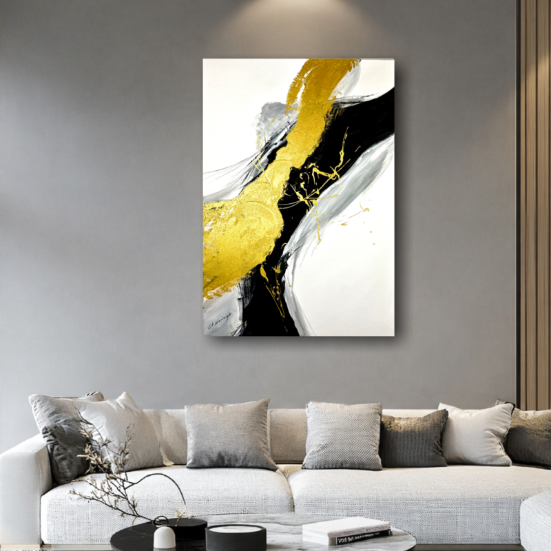 Złoty obraz abstrakcyjny w eleganckim wnętrzu