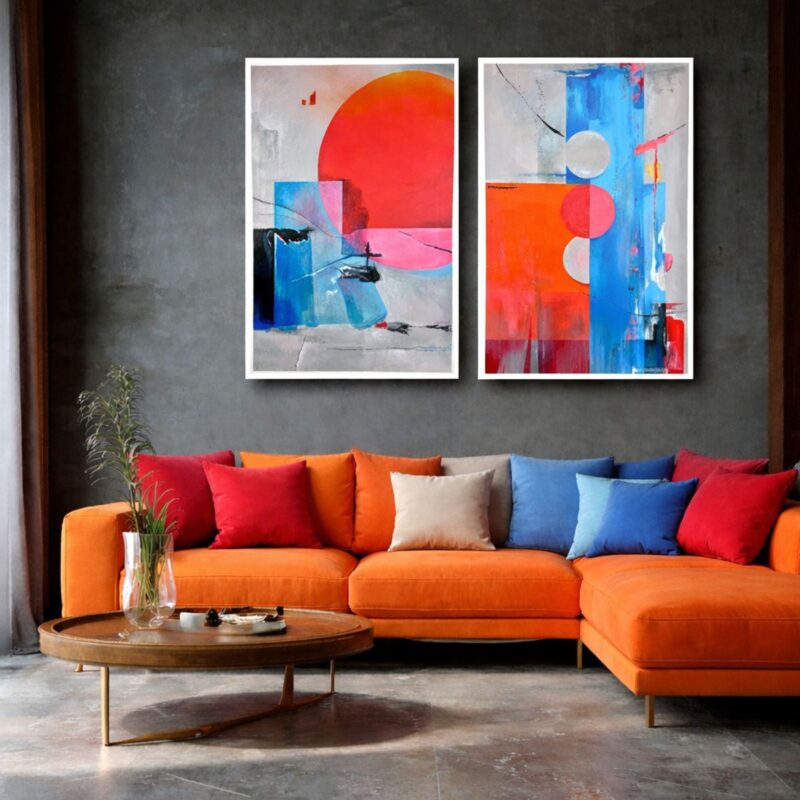 obraz dyptyk abstrakcyjny w salonie nad kanapą